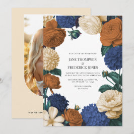 Trouwdag in Navyblauw, Verbrand Oranje & Champagne Kaart