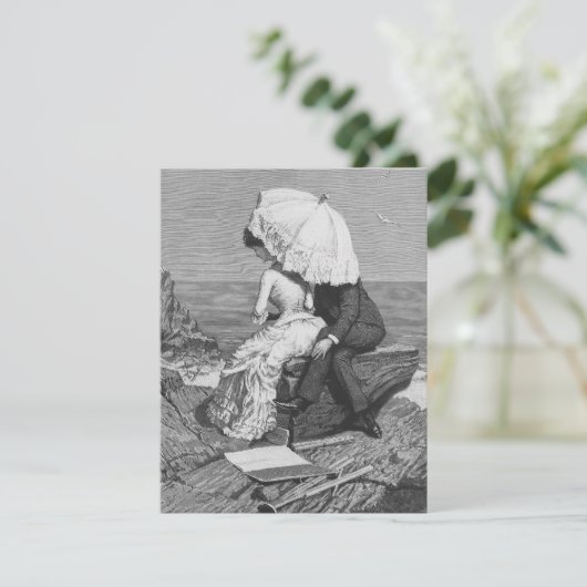 Trouwdag in retro-stijl, pasgehuwden aan het stran kaart (Staand voorkant)