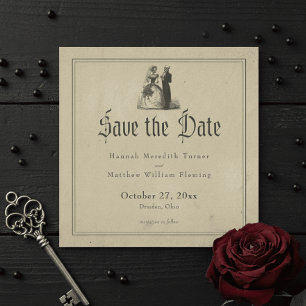 Trouwdag in vintage gotische zwarte toile bruine t save the date