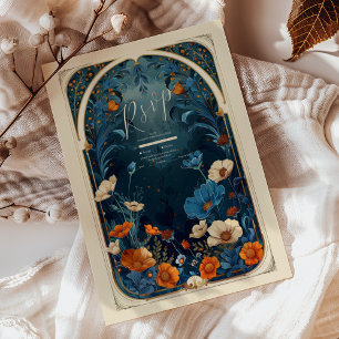 Trouwdag in Vintage Navy Blauw Art Nouveau-stijl RSVP Kaartje