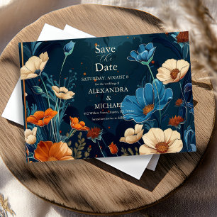 Trouwdag in Vintage Navy Blue Art Nouveau-stijl Save The Date