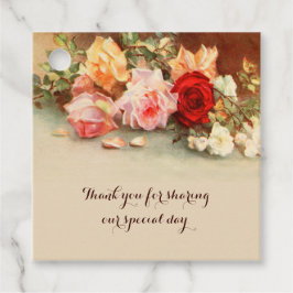 Trouwdag in vintage stijl, antieke rozen bloemen s bedankjes labels