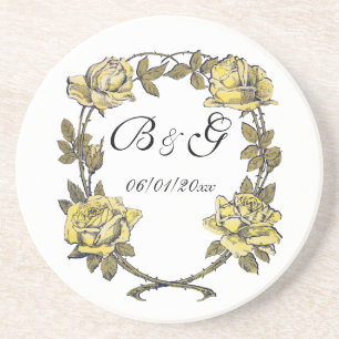 Trouwdag in vintage stijl, gele antieke rozenslank zandsteen onderzetter