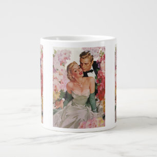 Trouwdag in vintage stijl, retro bruid en bruidego grote koffiekop