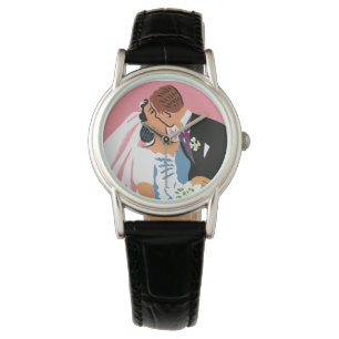 Trouwdag in vintage stijl, retro bruid en bruidego horloge