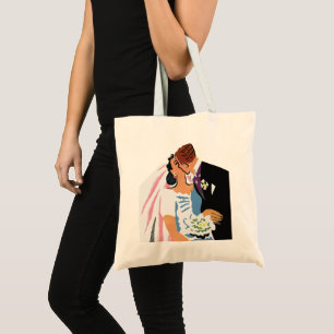 Trouwdag in vintage stijl, retro bruid en bruidego tote bag