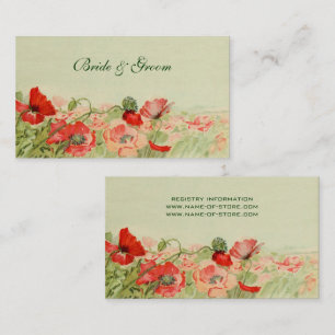 Trouwdag in vintage stijl, rode klaprozen bloemen visitekaartje