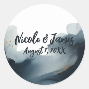 Trouwdag in waterverf met Navy Blue en Goud Ronde Sticker