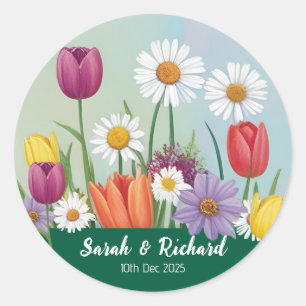Trouwdag in wilde bloementuin in de lente ronde sticker
