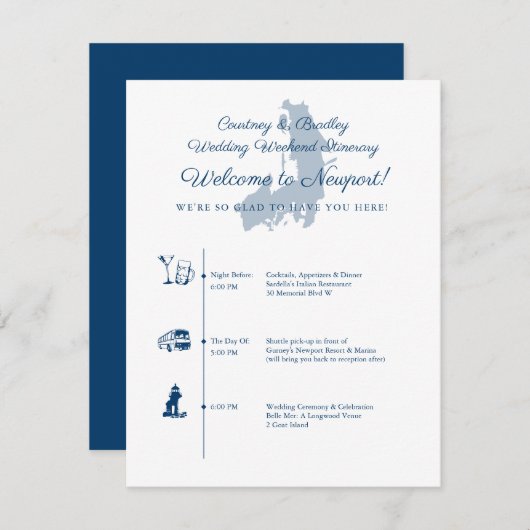 Trouwdag Itinerarium Tijdschema Newport RI Informatiekaartje (Voorkant / Achterkant)