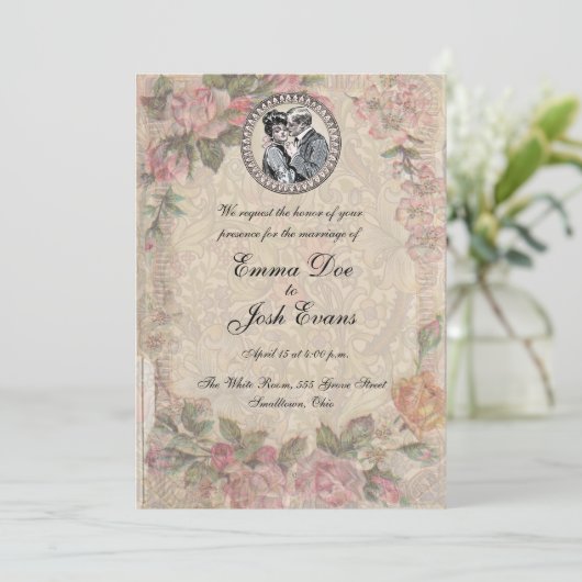 Trouwdag Koppel Antieke Rozen Bruiloft Kaart (Staand voorkant)