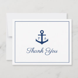 Trouwdag met marineblauw anker-monogram en nautisc bedankkaart