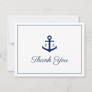 Trouwdag met marineblauw anker-monogram en nautisc bedankkaart