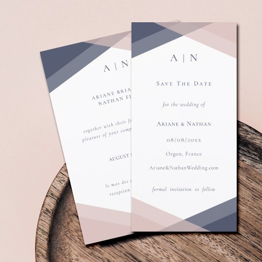 Trouwdag met marineblauw & blos moderne monogram g save the date
