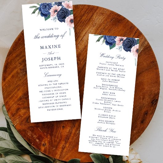 Trouwdag met Navy Blauwe & Blush Bloemen Programmakaart