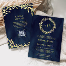 Trouwdag met Navy Blauwe Gouden Blad Tak QR Code