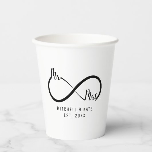 Trouwdag met oneindigheidssymbool voor meneer en m papieren bekers (Voorkant)