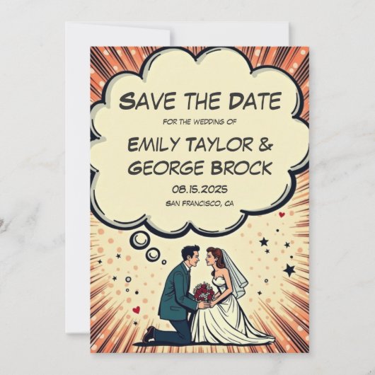 Trouwdag met Retro Bruid & Bruidegom Pop Art Strip Save The Date (Voorkant)