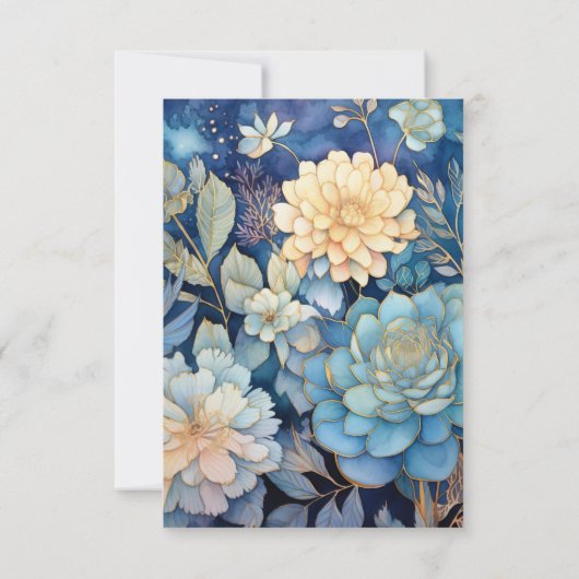 Trouwdag met stoffig blauw en goud bloemmotief RSVP kaartje (Achterkant)