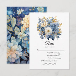 Trouwdag met stoffig blauw en goud bloemmotief RSVP kaartje