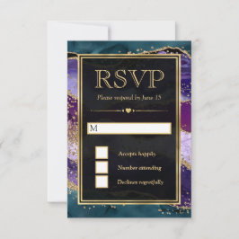Trouwdag met turquoise, paarse en gouden glitters RSVP kaartje