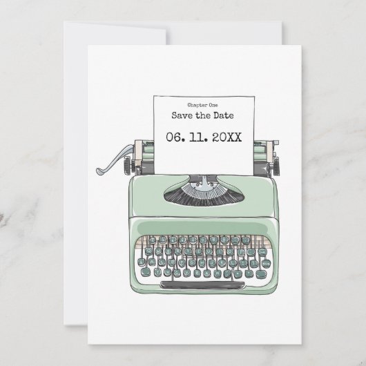 Trouwdag met typemachineboek-thema save the date (Voorkant)