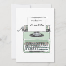 Trouwdag met typemachineboek-thema save the date