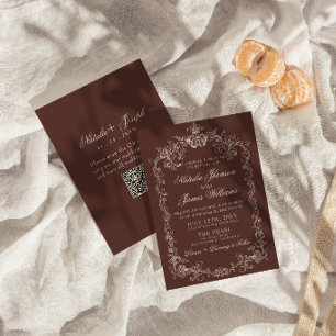 Trouwdag met vintage chocoladebruine QR-code in st Kaart