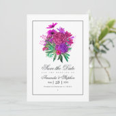 Trouwdag met vintage Fuchsia en paarse bloemen Save The Date (Staand voorkant)
