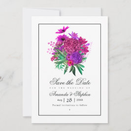 Trouwdag met vintage Fuchsia en paarse bloemen Save The Date