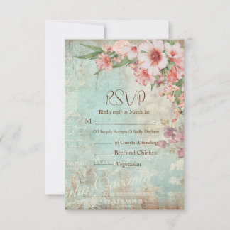 Trouwdag met vintage roze en groene QR-code RSVP Kaartje