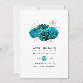 Trouwdag met vintage turquoise en gouden bloemen save the date