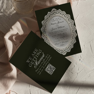 Trouwdag met vintage zwart-wit kant en QR-code Kaart