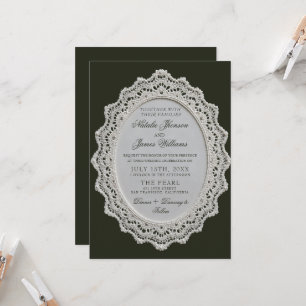 Trouwdag met vintage zwart-wit kant en QR-code Kaart