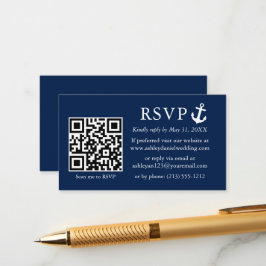 Trouwdag Nautische Navy Blauwe Anker RSVP QR Informatiekaartje