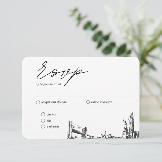 Trouwdag New York City Traditioneel RSVP Maaltijdo Informatiekaartje (Staand voorkant)
