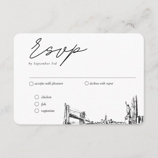 Trouwdag New York City Traditioneel RSVP Maaltijdo Informatiekaartje (Voorkant)