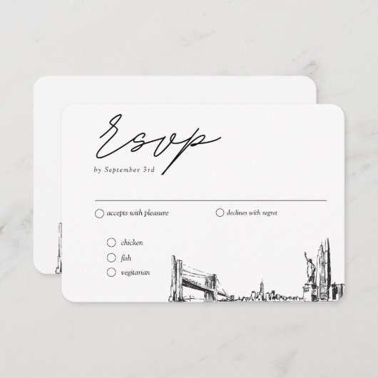 Trouwdag New York City Traditioneel RSVP Maaltijdo Informatiekaartje (Voorkant / Achterkant)