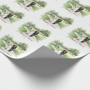 Trouwdag op de golfbaan met bruid en bruidegom op cadeaupapier
