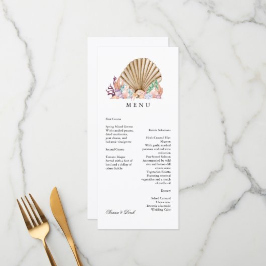 Trouwdag op het koraal- en schelpenstrand menu (Voorkant / Achterkant in situ)