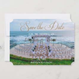 Trouwdag op het strand, Florale prieel Save The Da Date