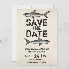 Trouwdag op het strand met vintage haai save the date