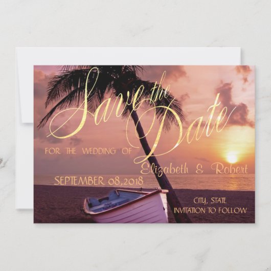 Trouwdag op het strand palm, zonsondergang, boot save the date (Voorkant)