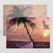 Trouwdag op het strand palm, zonsondergang, boot save the date (Voorkant / Achterkant)