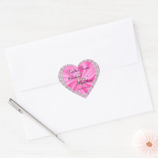 Trouwdag Roze Satijn | personaliseren Hart Sticker (Envelop)