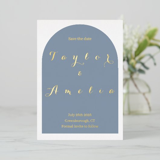 Trouwdag Save the Date Eenvoudig Stof Blauw Boog E Folie Uitnodiging (Staand Voorkant)