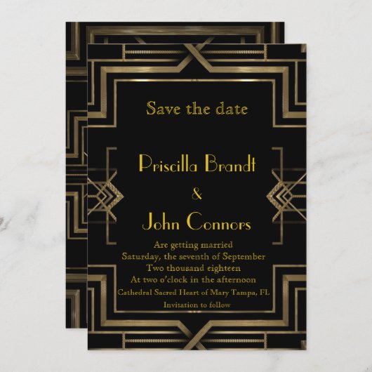 Trouwdag, Save the Date, zwart & goud, Gatsby-tijd Kaart (Voorkant / Achterkant)