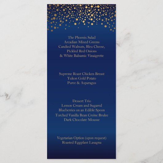 Trouwdag Trendy Gold Stippen op Navy Blue -Menu Programmakaart (Achterkant)