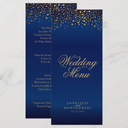 Trouwdag Trendy Gold Stippen op Navy Blue -Menu Programmakaart (Voorkant / Achterkant)