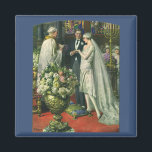 Trouwdag uit het verleden, bruid en bruidegom met  magneet<br><div class="desc">Illustratie van liefde en romantiek met een trouwceremonie met een koppel dat in een prachtige synagoge met glas-in-loodramen,  bloemen en een zevenarmige menora trouwt. De bruid draagt een lange witte trouwjurk en de bruidegom is knap in zijn smoking.</div>